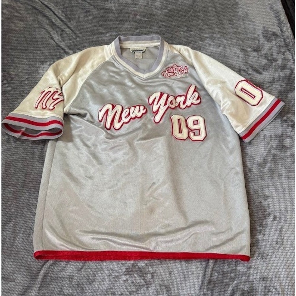 Vintage Skoops Worldwide New York 09 Baseball Jersey Silver Red Mens Large